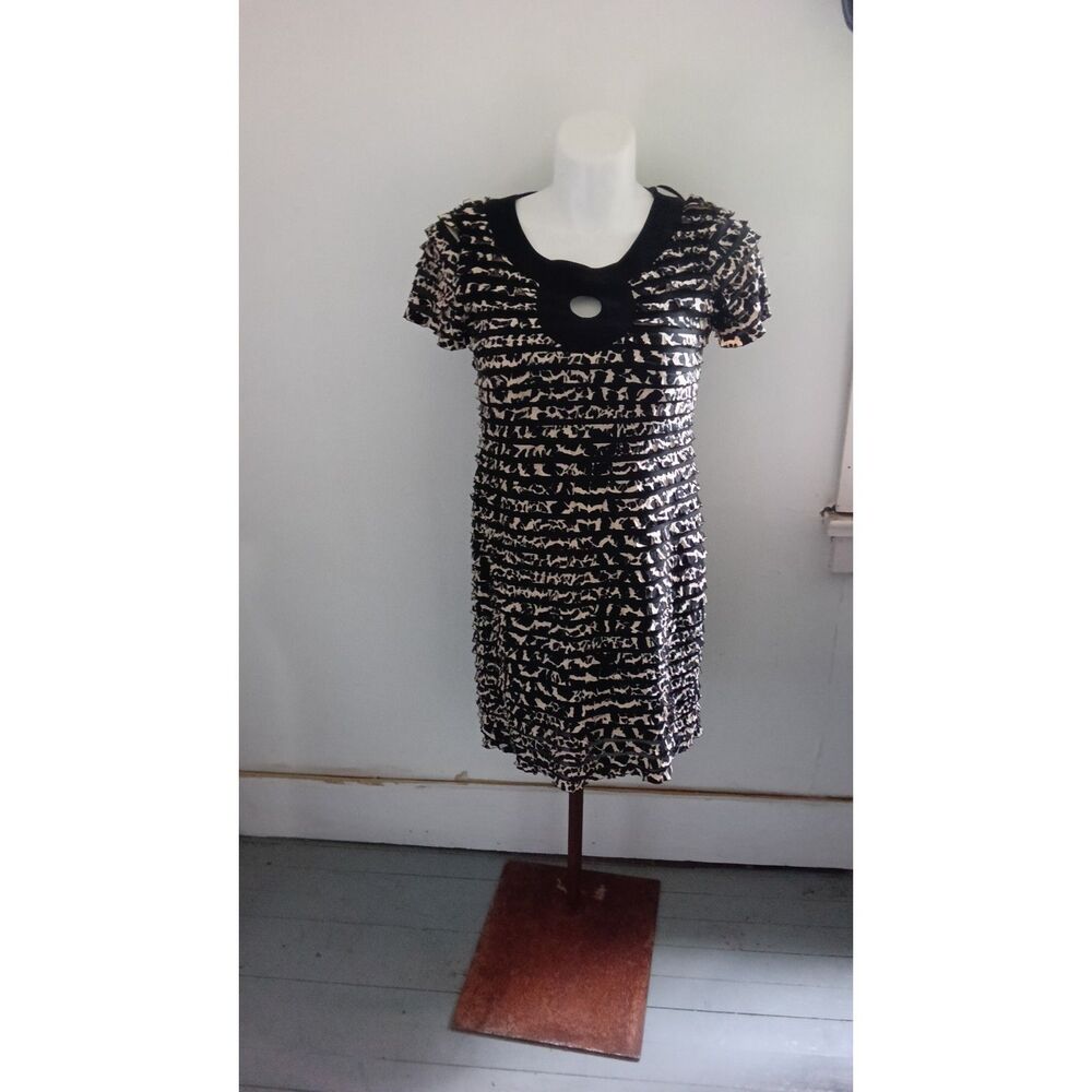 Connected Petite Black Cream Print Keyhole Ruffle Short Sleeve Dress Size 10P